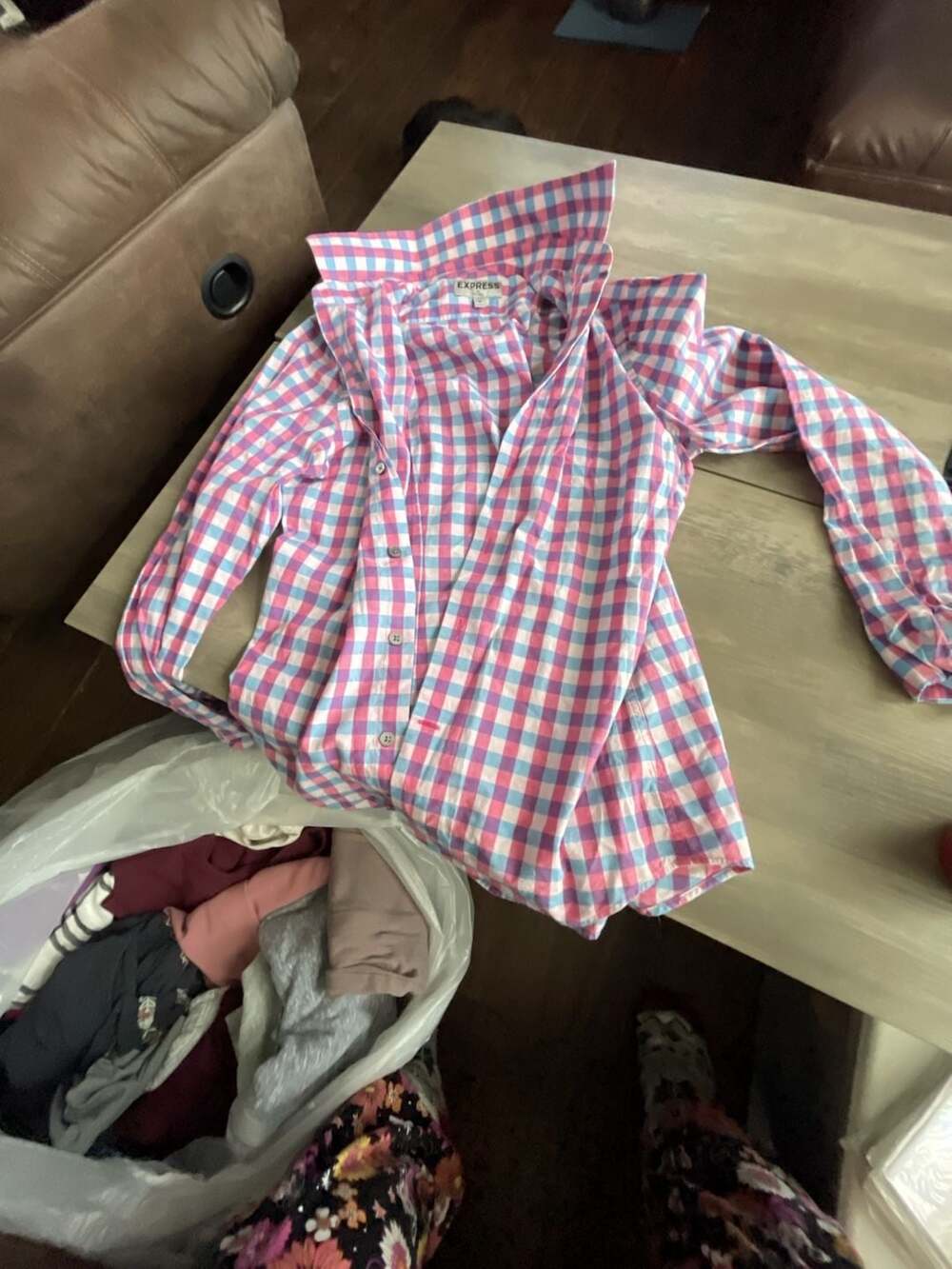 #D4 Express Pink Blue Gingham Plaid Button Down Shirt S